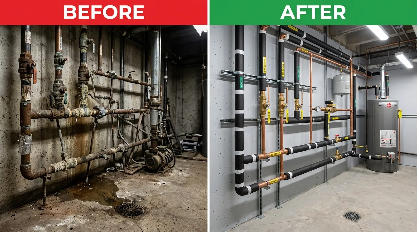 Commercial Plumbing Repiping and Water Heater Installation Before and After - Sugar Town Plumbing Sugar Land TX