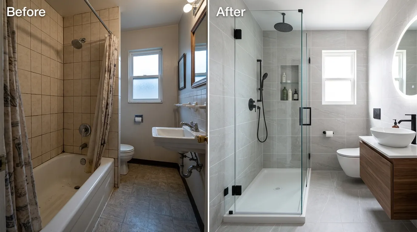 Complete Bathroom Renovation Walk-In Shower Conversion Before and After - Sugar Town Plumbing Sugar Land TX
