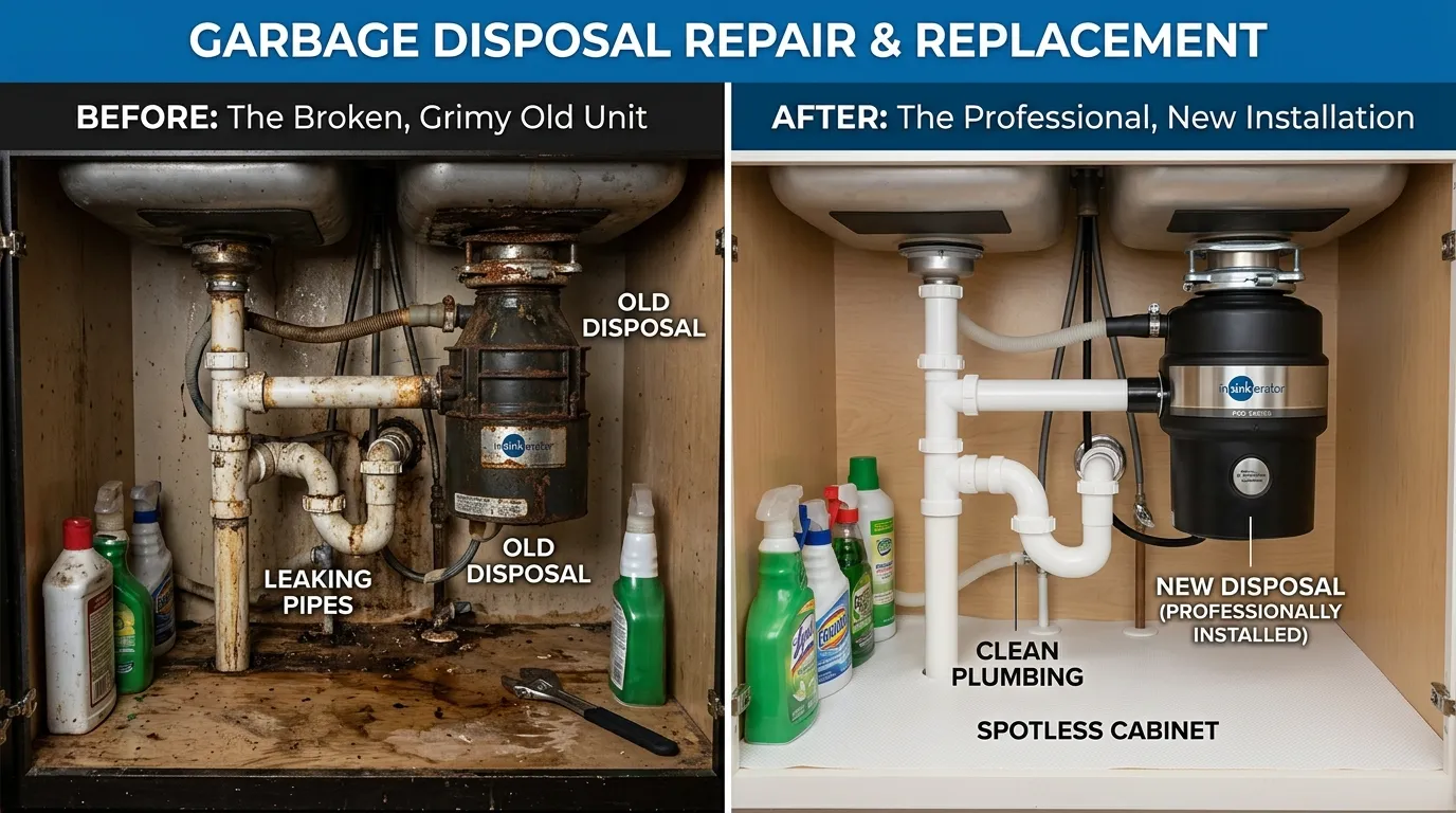 Garbage Disposal Repair and Replacement Before and After - Sugar Town Plumbing Sugar Land TX