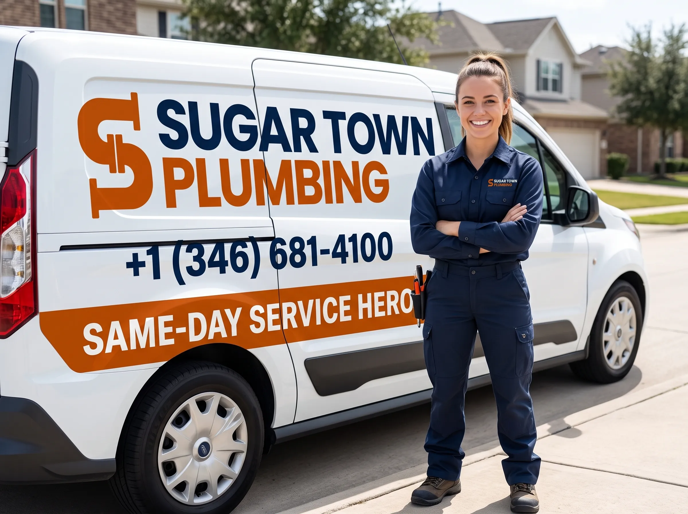 Professional Female Plumber with Same-Day Service Van - Sugar Town Plumbing Sugar Land TX
