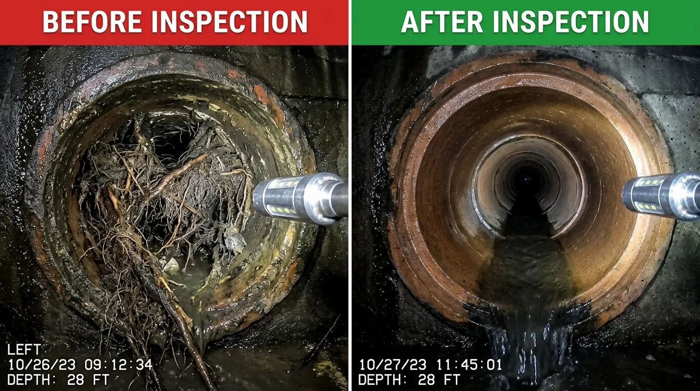 Sewer Camera Inspection Root Removal Before and After - Sugar Town Plumbing Sugar Land TX
