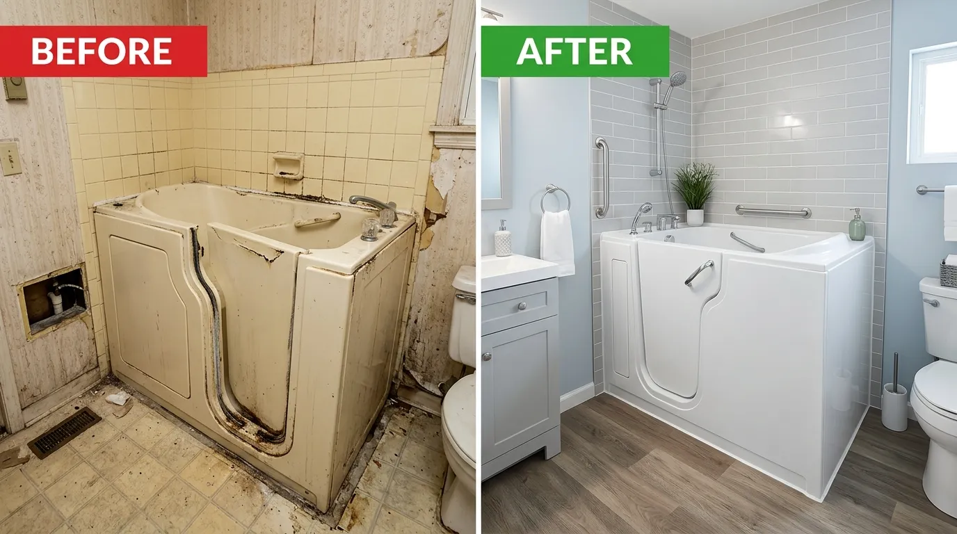 Walk-In Tub Installation Accessible Bathroom Renovation Before and After - Sugar Town Plumbing Sugar Land TX